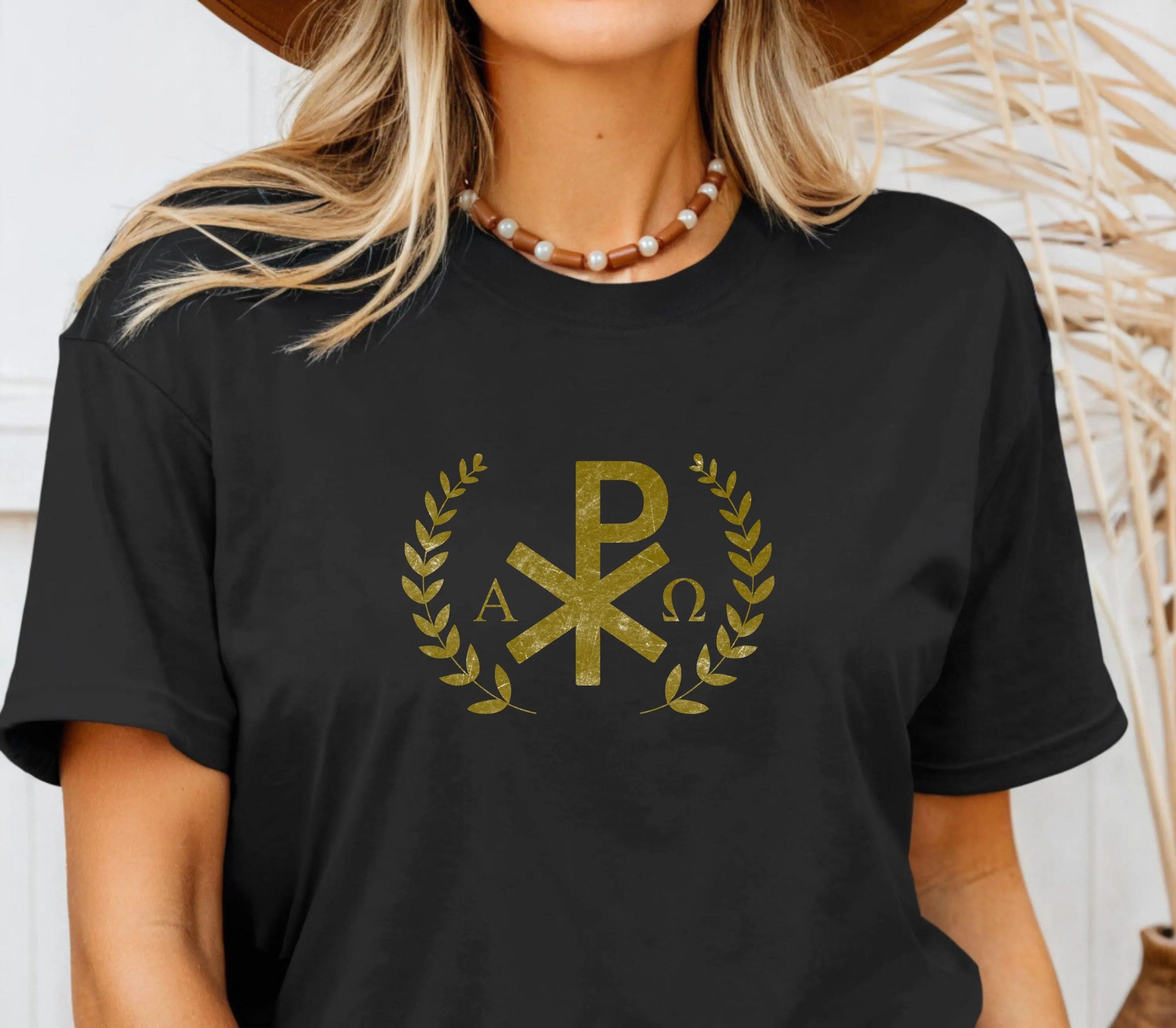Gold Chi Rho with Leaves Tee