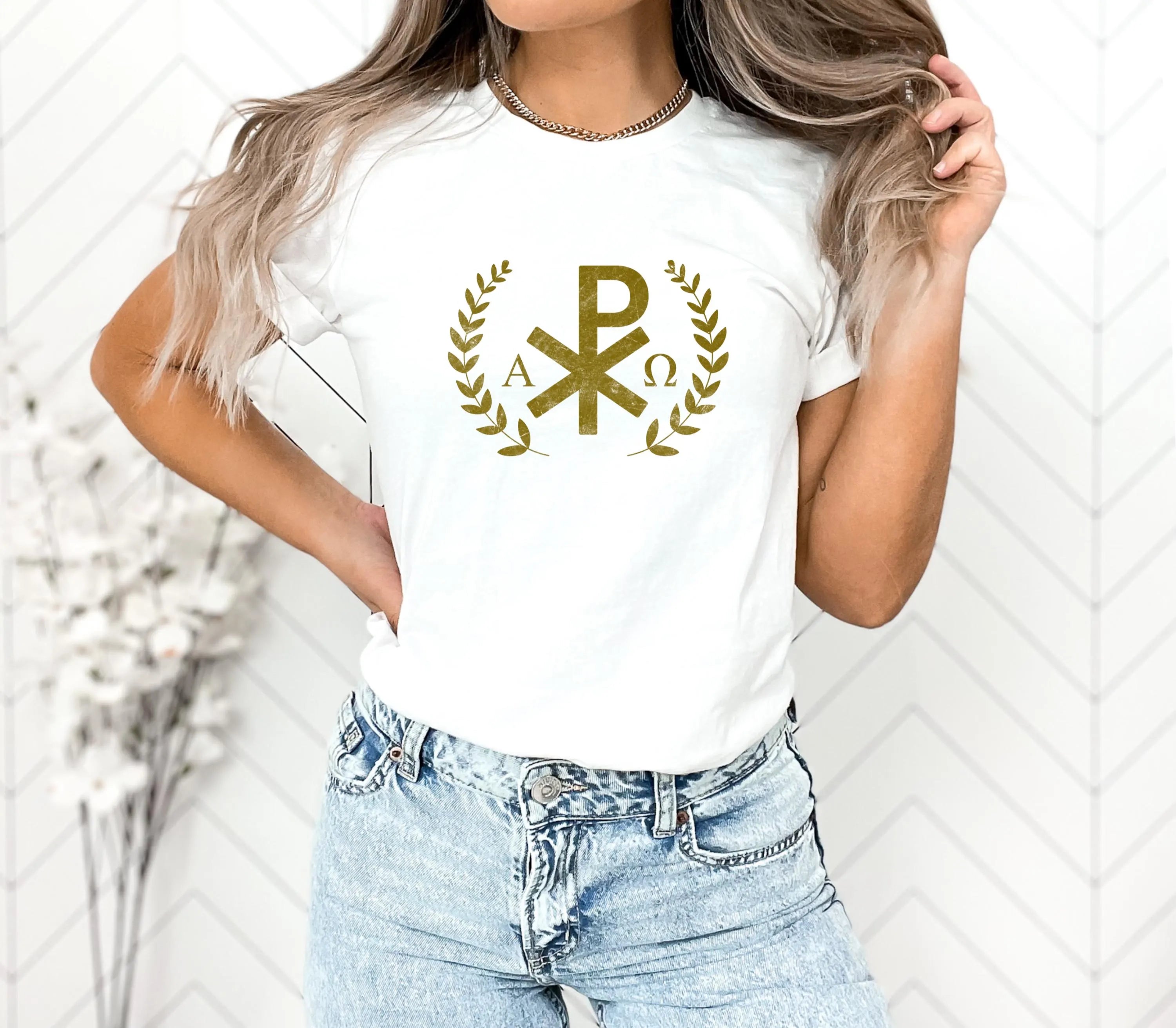 Gold Chi Rho with Leaves Tee