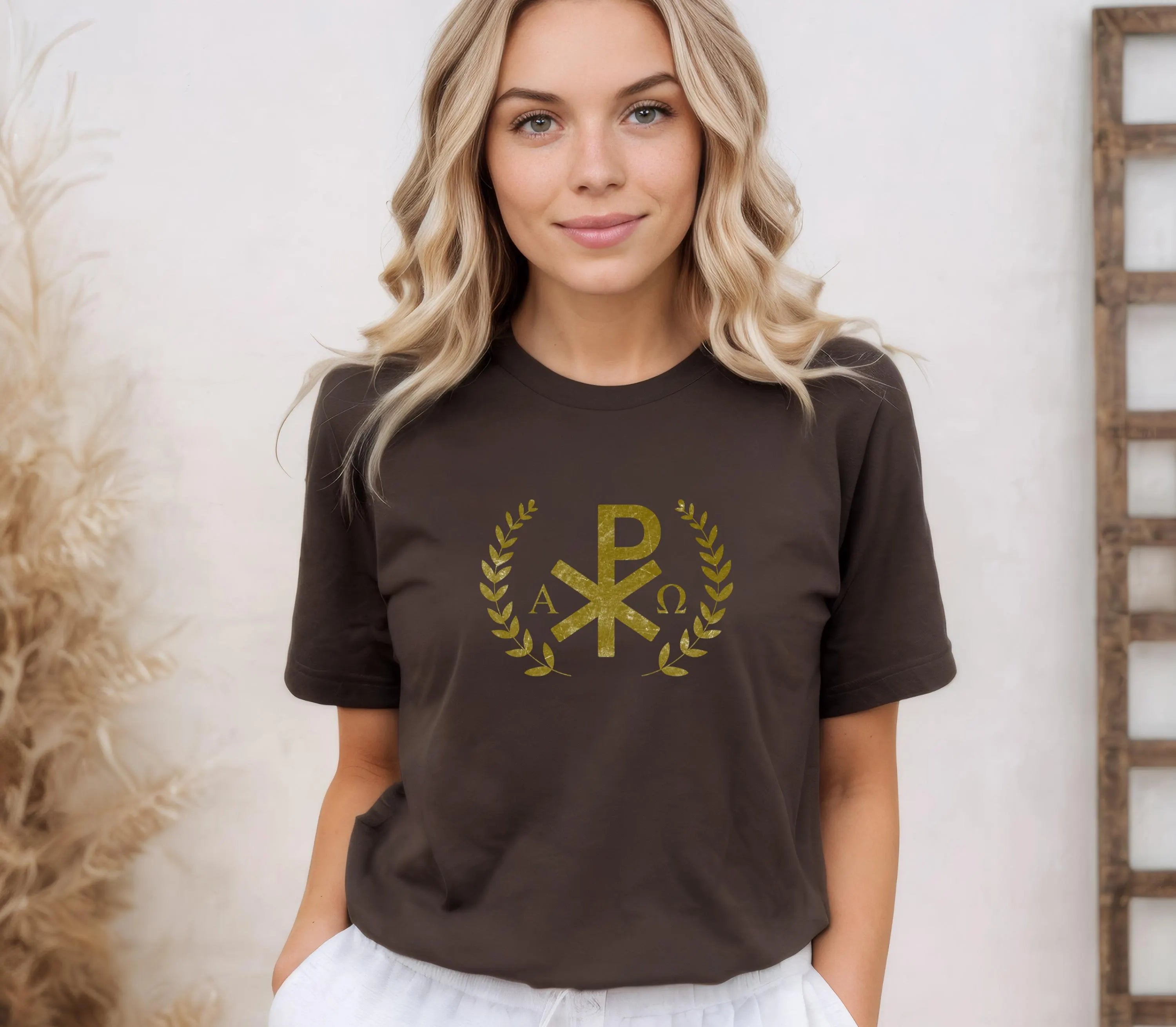 Gold Chi Rho with Leaves Tee